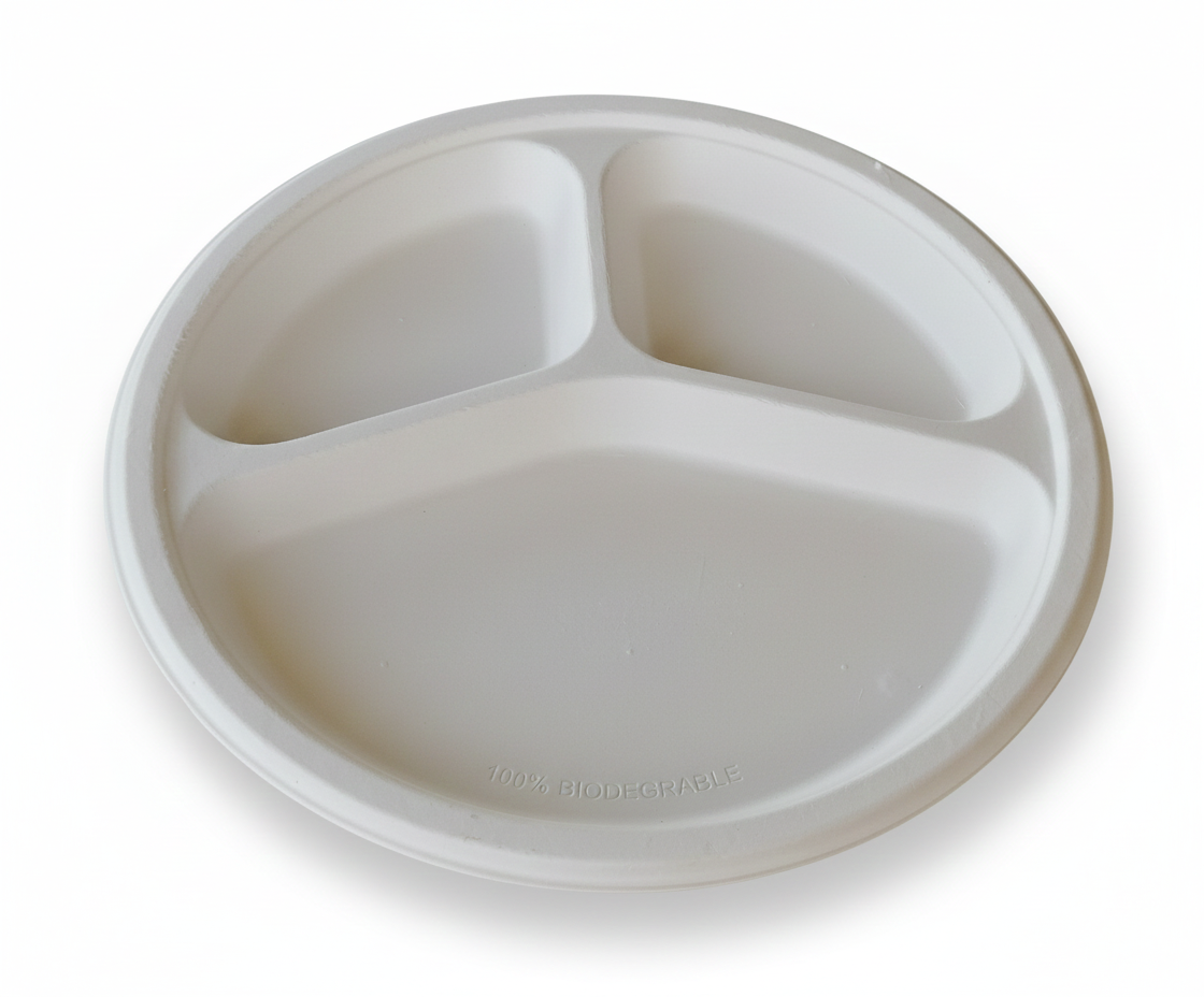 3 Compartment Compostable Sugarcane Bagasse Plates, Biodegradable, Eco-Friendly, Heavy-Duty Disposable Plates (Pack of 500)