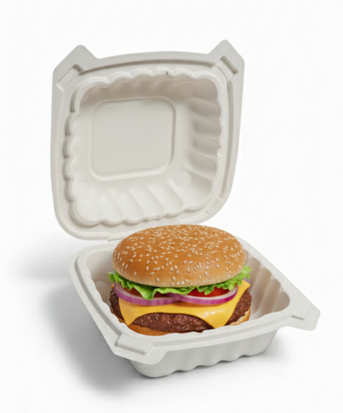 6x6 or 9x6 (Hoagie) Clamshell To-Go boxes, Compostable Cornstarch Biodegradable, Eco-Friendly, Heavy-Duty Disposable