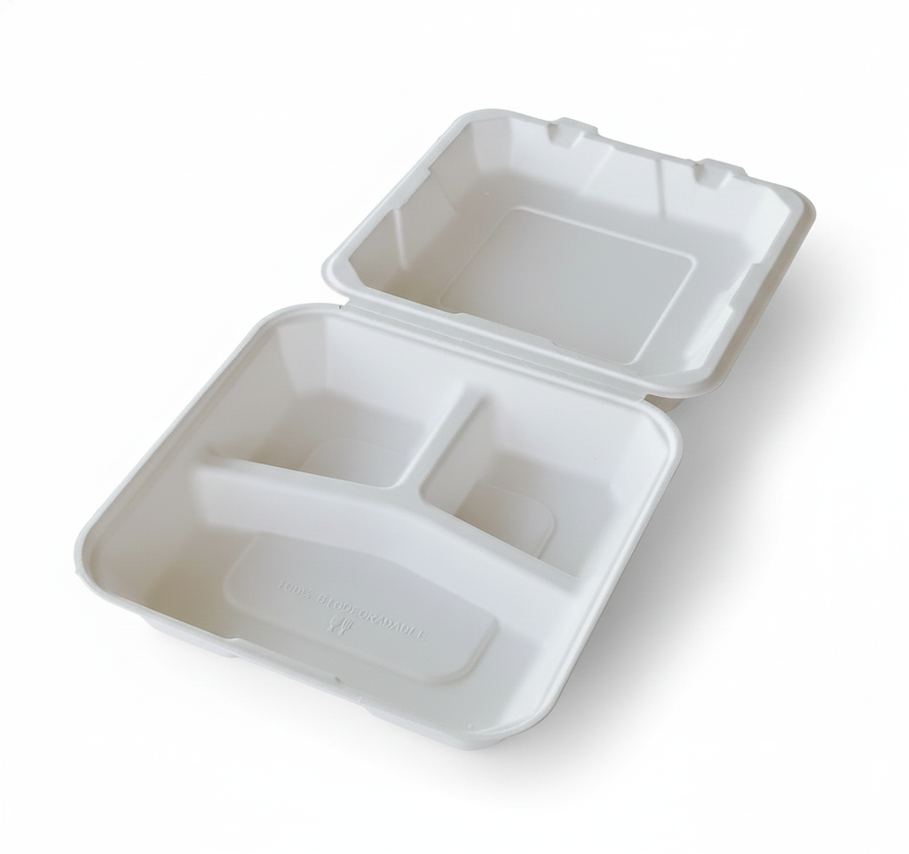 8x8, 9x9, 3-Compartment To-Go boxes, Compostable Sugarcane Bagasse, Biodegradable, Eco-Friendly, Heavy-Duty Disposable (Pack of 200)