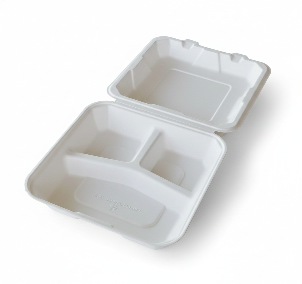8x8, 9x9, 3-Compartment To-Go boxes, Compostable Sugarcane Bagasse, Biodegradable, Eco-Friendly, Heavy-Duty Disposable (Pack of 200)