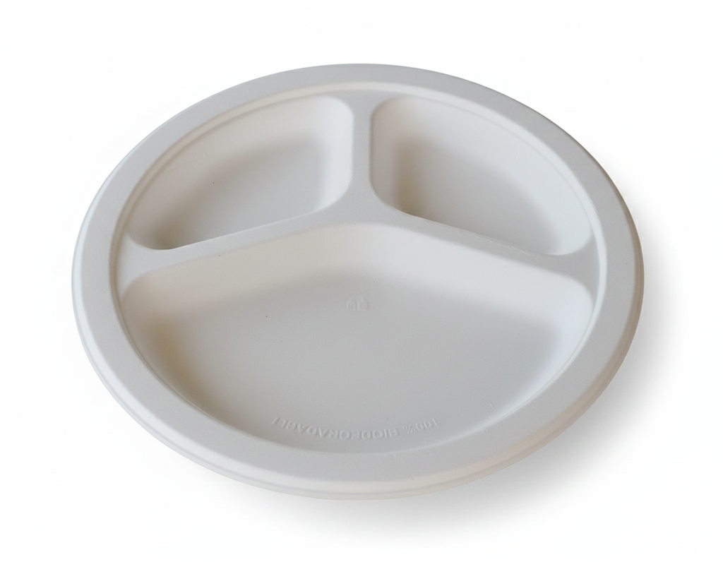 3 Compartment Compostable Sugarcane Bagasse Plates, Biodegradable, Eco-Friendly, Heavy-Duty Disposable Plates (Pack of 500)