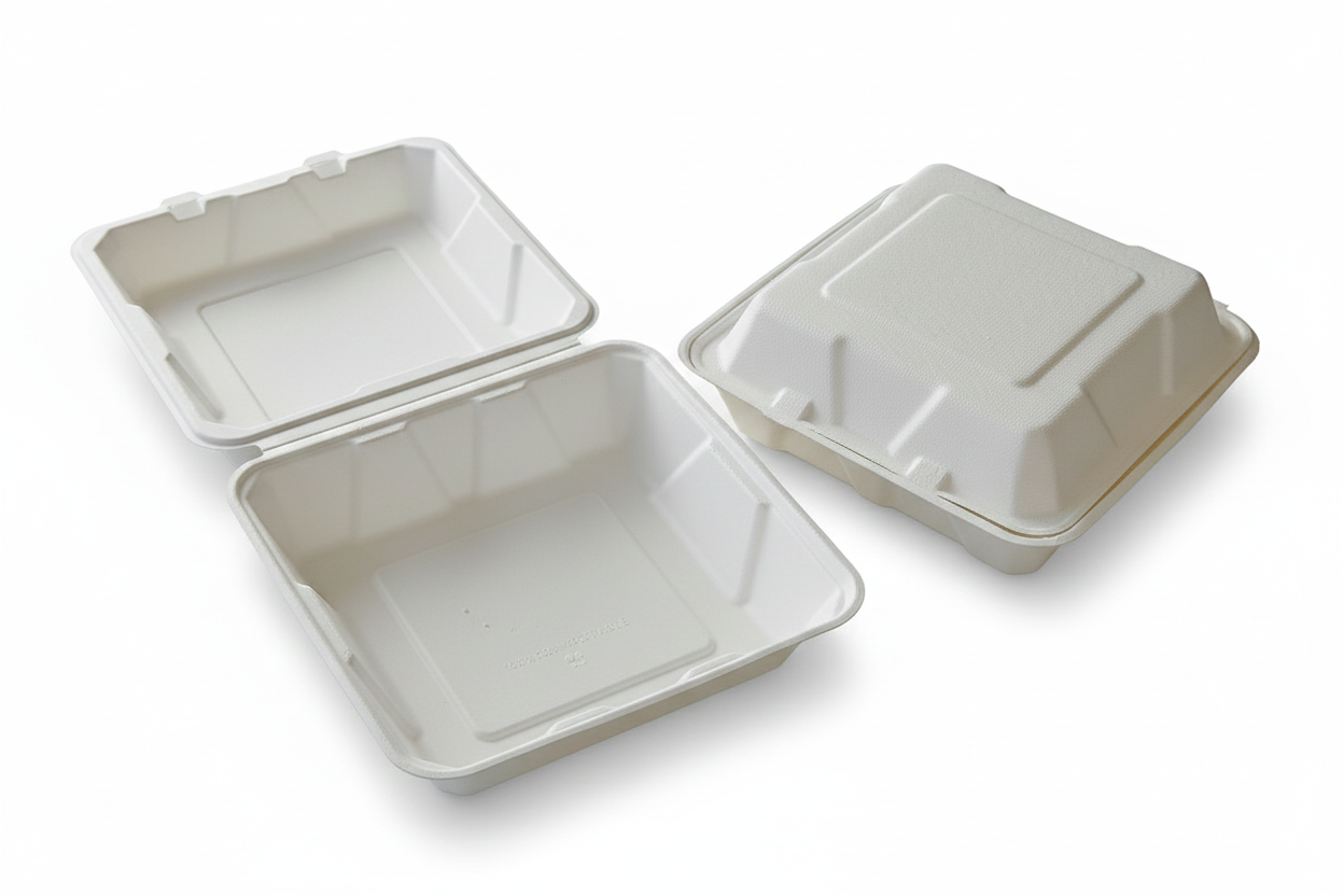 6x6, 8x8, 9x9 Clamshell To-Go boxes, Compostable Sugarcane Bagasse, Biodegradable, Eco-Friendly, Heavy-Duty Disposable