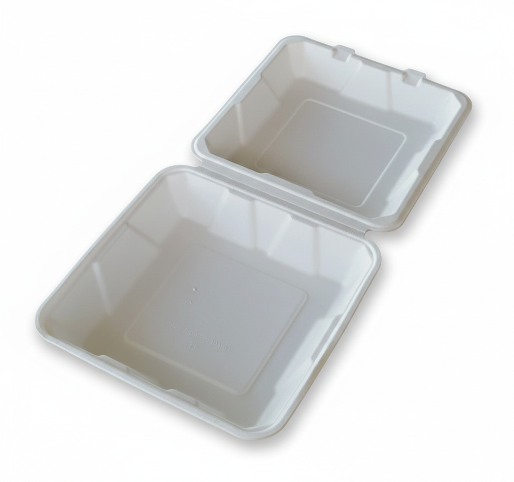 6x6, 8x8, 9x9 Clamshell To-Go boxes, Compostable Sugarcane Bagasse, Biodegradable, Eco-Friendly, Heavy-Duty Disposable