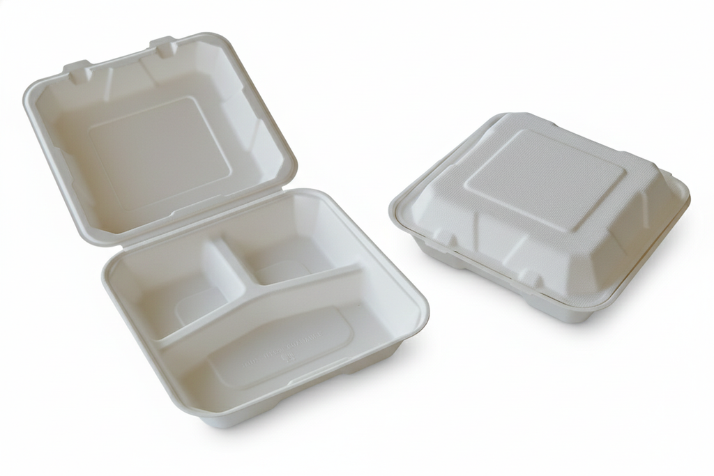8x8, 9x9, 3-Compartment To-Go boxes, Compostable Sugarcane Bagasse, Biodegradable, Eco-Friendly, Heavy-Duty Disposable (Pack of 200)