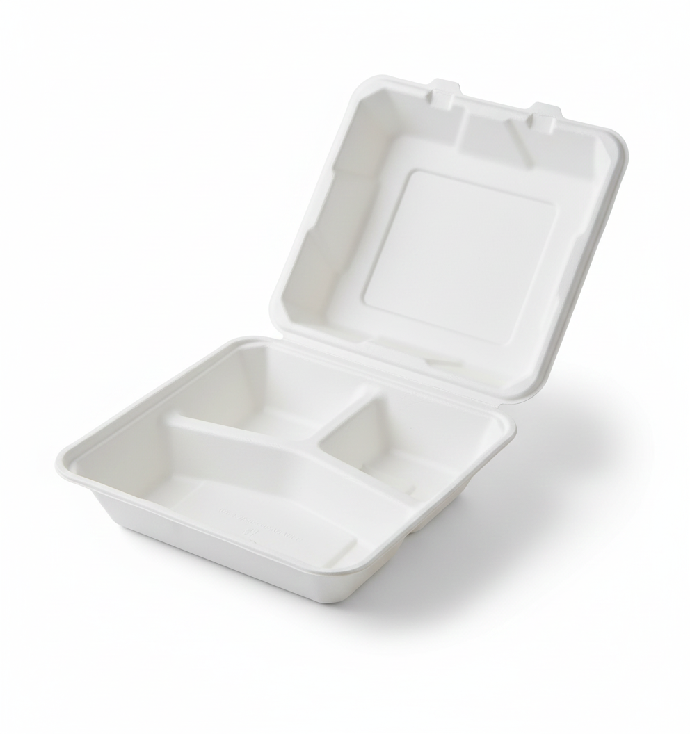 8x8, 9x9, 3-Compartment To-Go boxes, Compostable Sugarcane Bagasse, Biodegradable, Eco-Friendly, Heavy-Duty Disposable (Pack of 200)