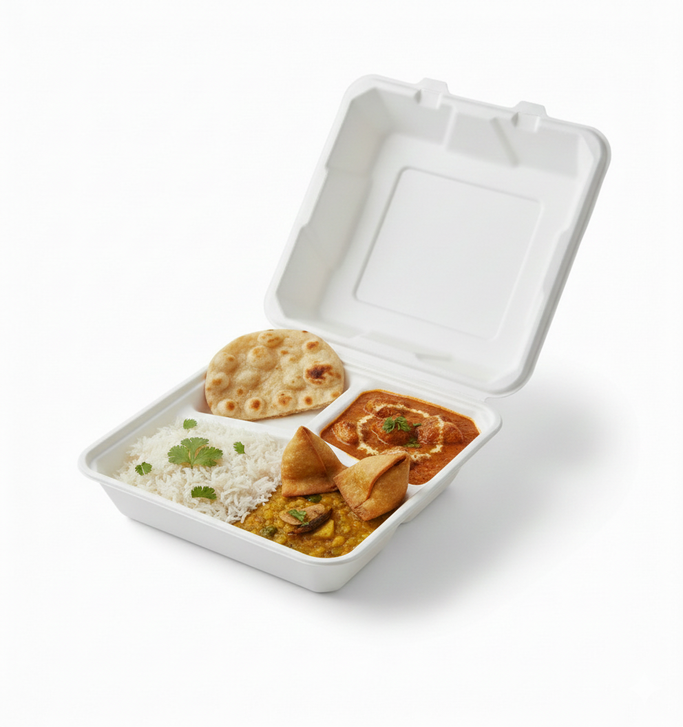 8x8, 9x9, 3-Compartment To-Go boxes, Compostable Sugarcane Bagasse, Biodegradable, Eco-Friendly, Heavy-Duty Disposable (Pack of 200)