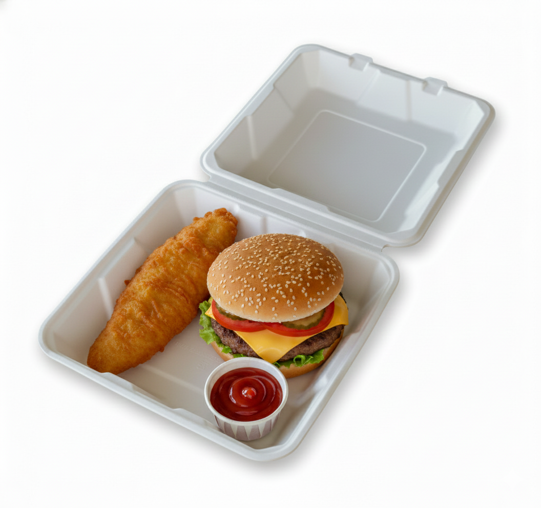 6x6, 8x8, 9x9 Clamshell To-Go boxes, Compostable Sugarcane Bagasse, Biodegradable, Eco-Friendly, Heavy-Duty Disposable