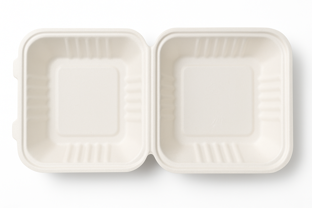 6x6, 8x8, 9x9 Clamshell To-Go boxes, Compostable Sugarcane Bagasse, Biodegradable, Eco-Friendly, Heavy-Duty Disposable