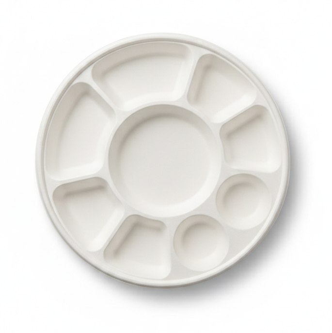 9 Compartment Compostable Sugarcane Bagasse Plates, Biodegradable, Eco-Friendly, Heavy-Duty Disposable Plates (Pack of 500)